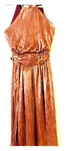 Eva Mendes Rose gold flare halter neck dress